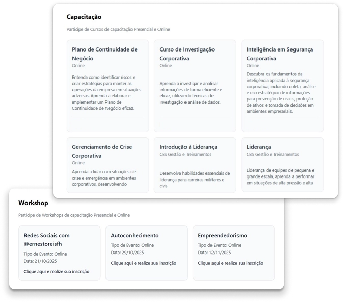 Telas de Capacitação e Workshops da plataforma Plano de Chamadas