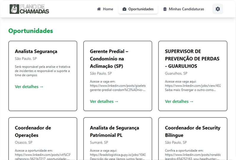 Tela "Oportunidades" da plataforma Plano de Chamadas
